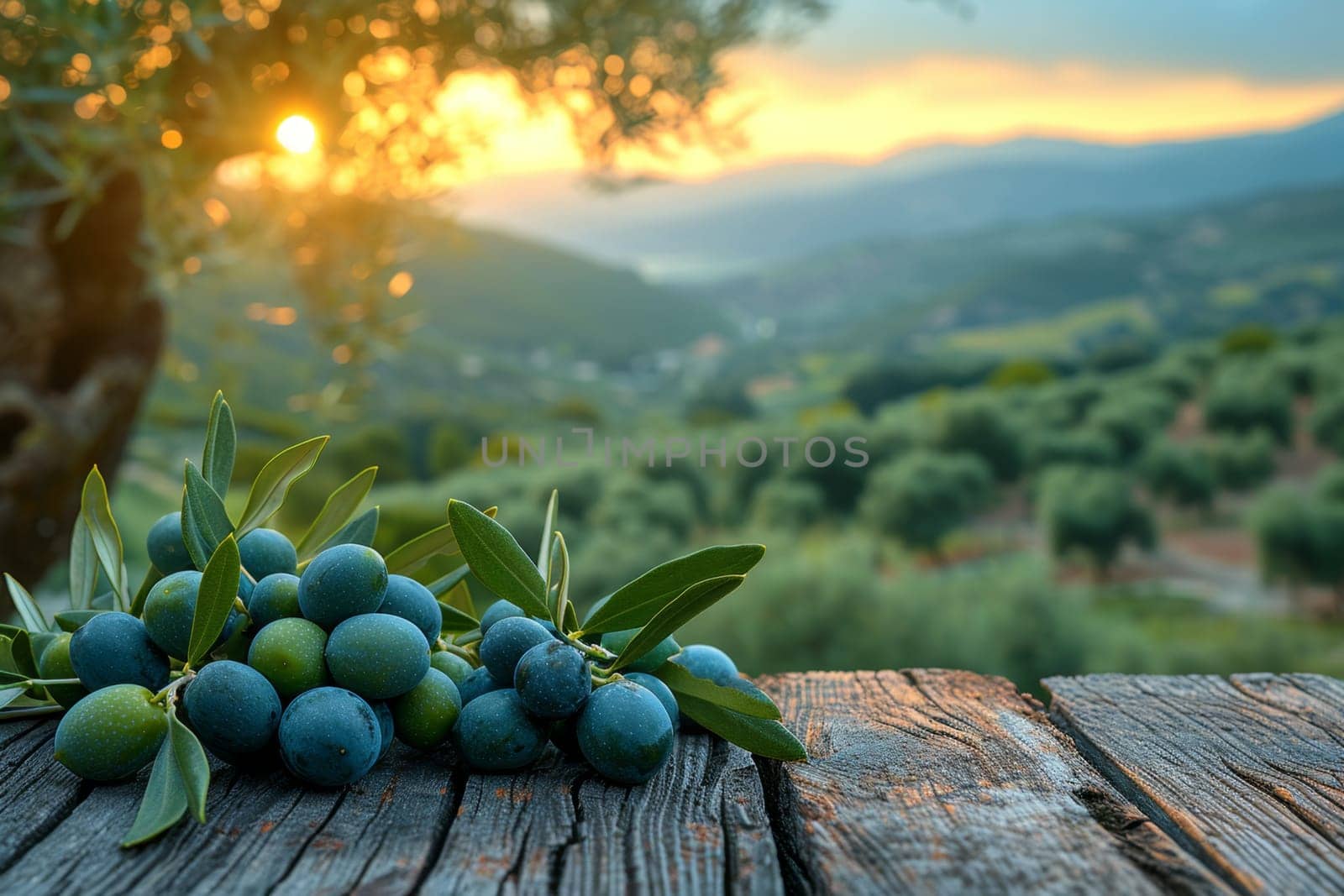 still life with blue olives on a table in an olive grove.