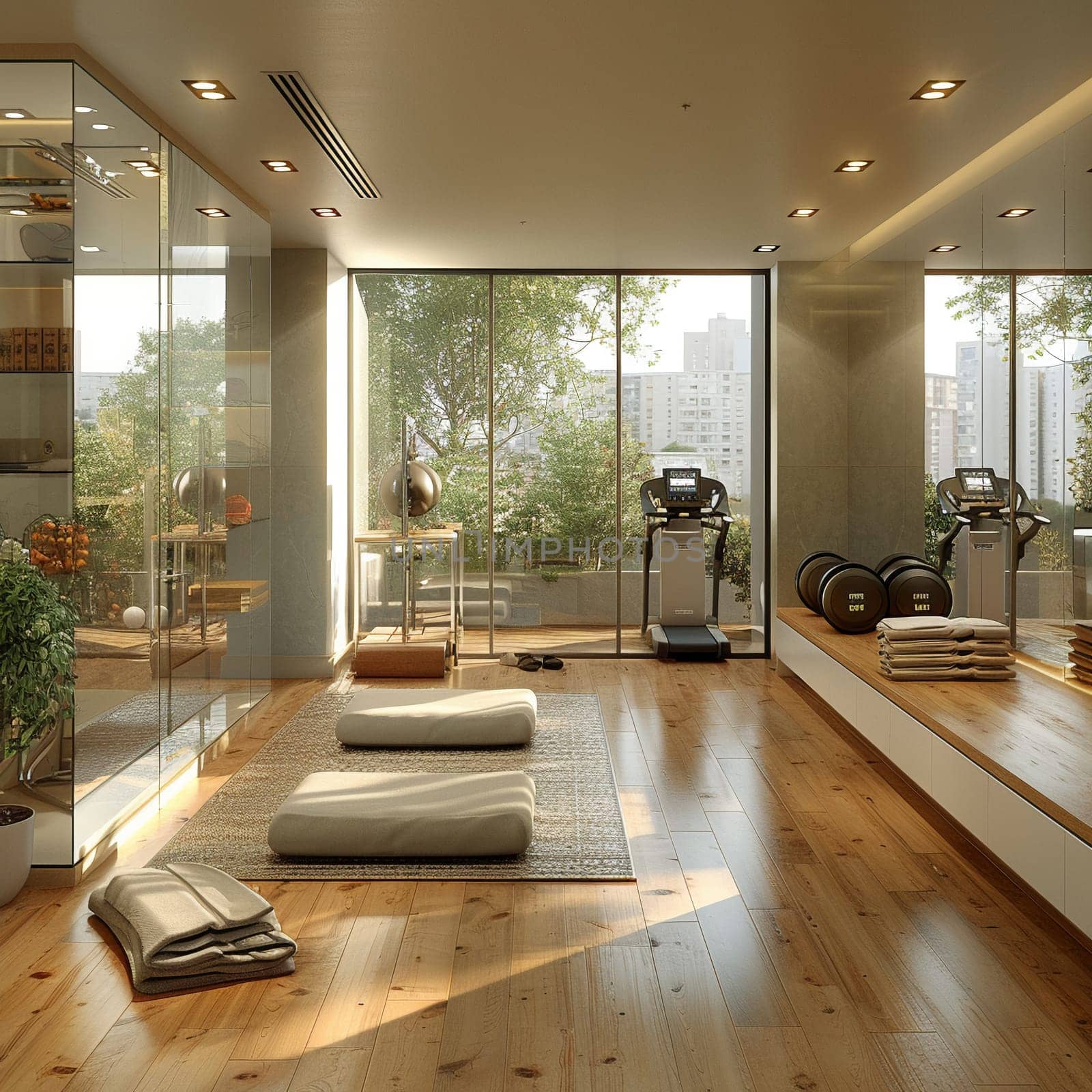 Functional and stylish home gym with mirrored walls and modern equipmentup32K HD