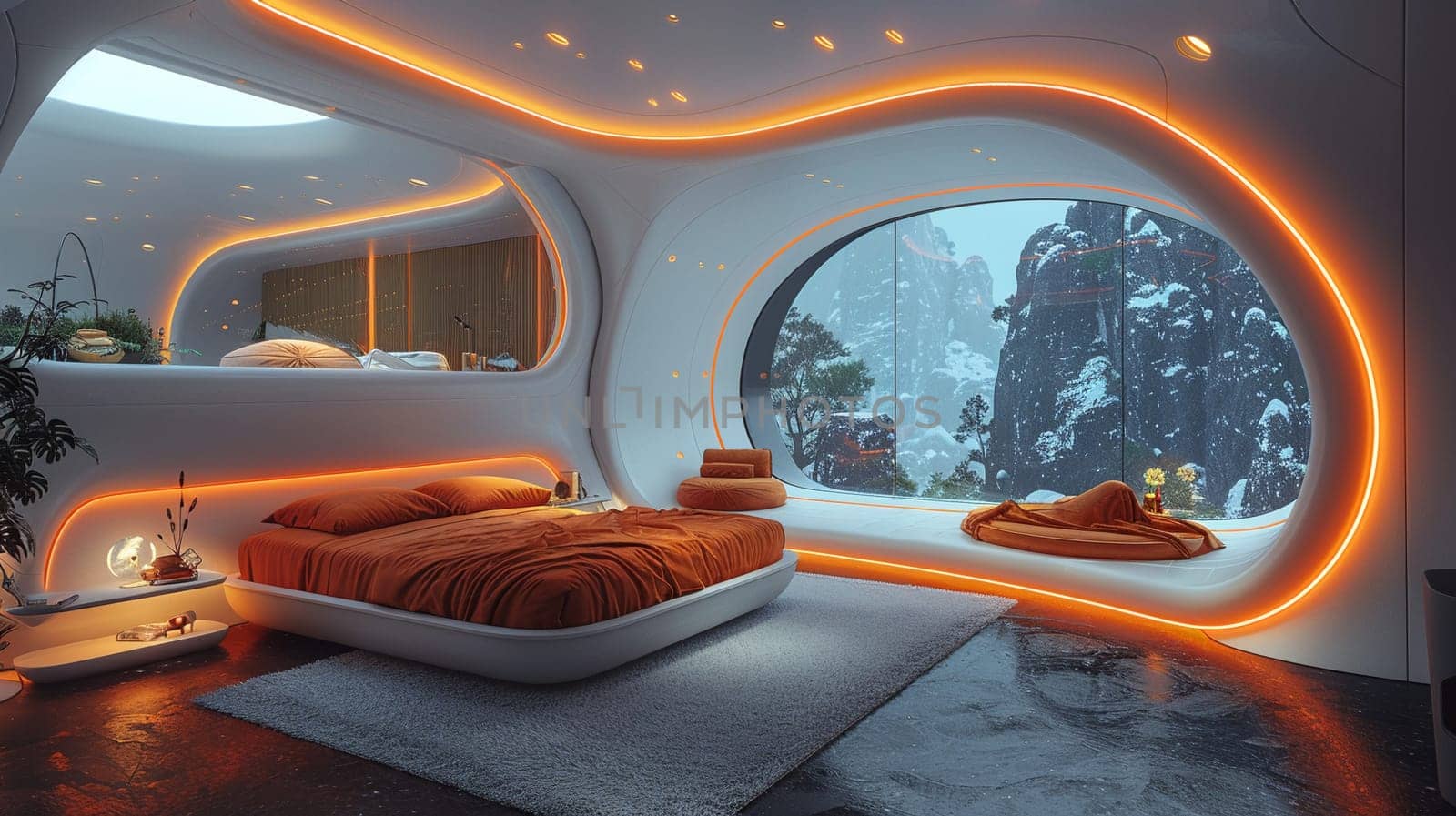 Futuristic bedroom with dynamic lighting and modular furniture8K by Benzoix
