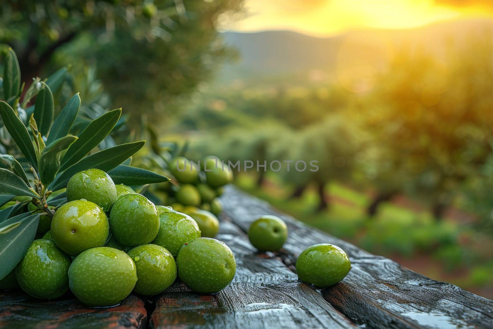 still life with green olives on a table in an olive grove.