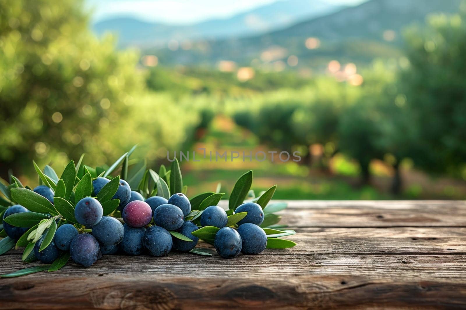 still life with blue olives on a table in an olive grove.