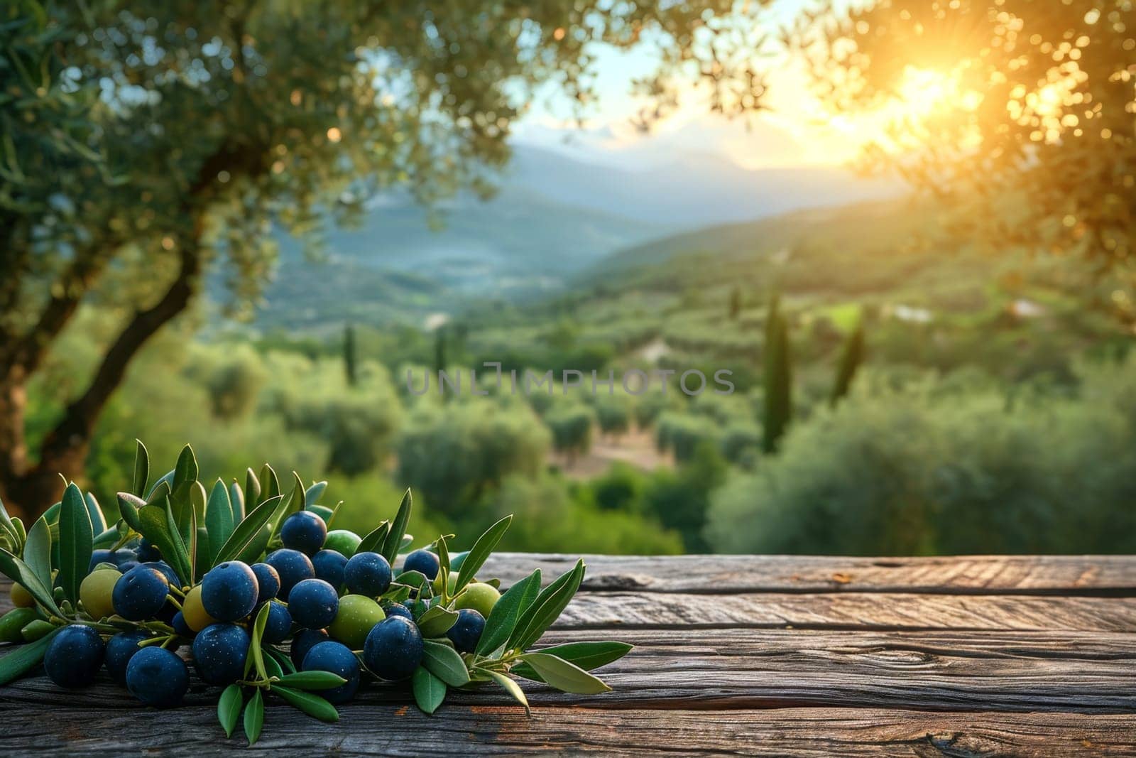 still life with blue olives on a table in an olive grove.
