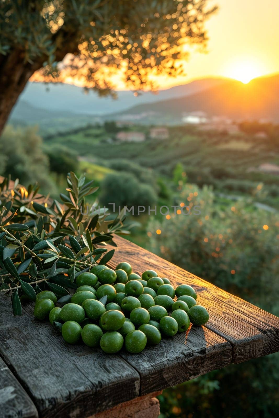 still life with green olives on a table in an olive grove.