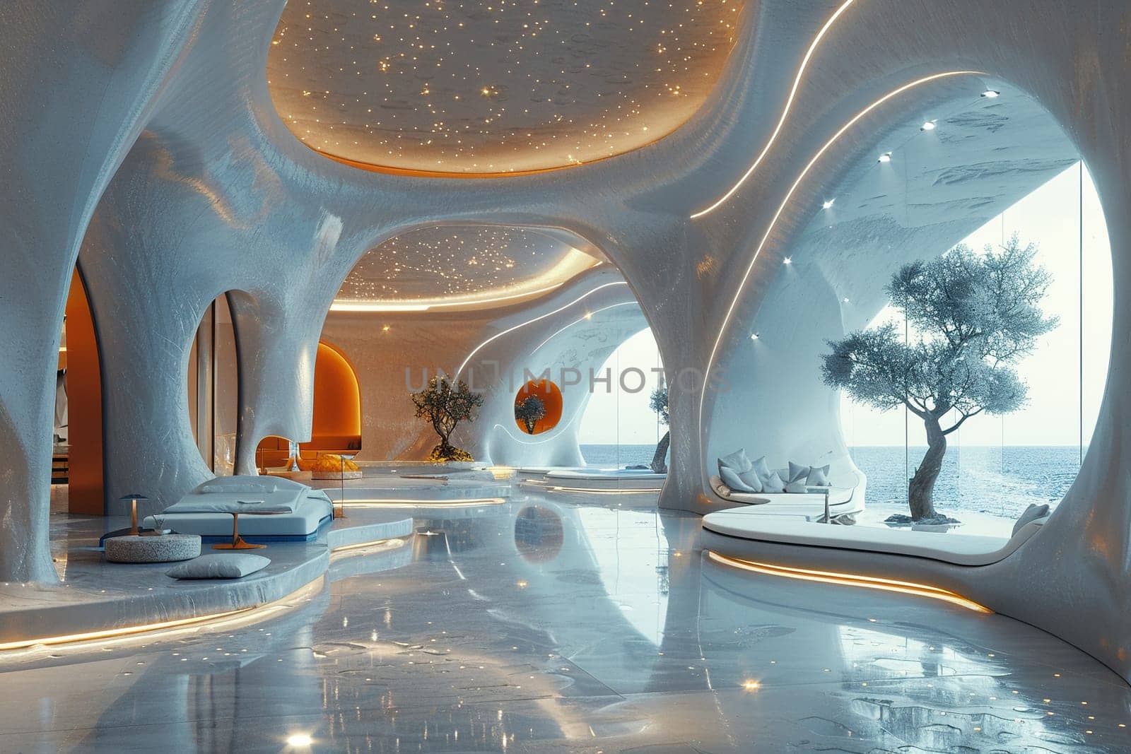 Futuristic lobby with interactive installations and high-tech featuressuper detailed by Benzoix