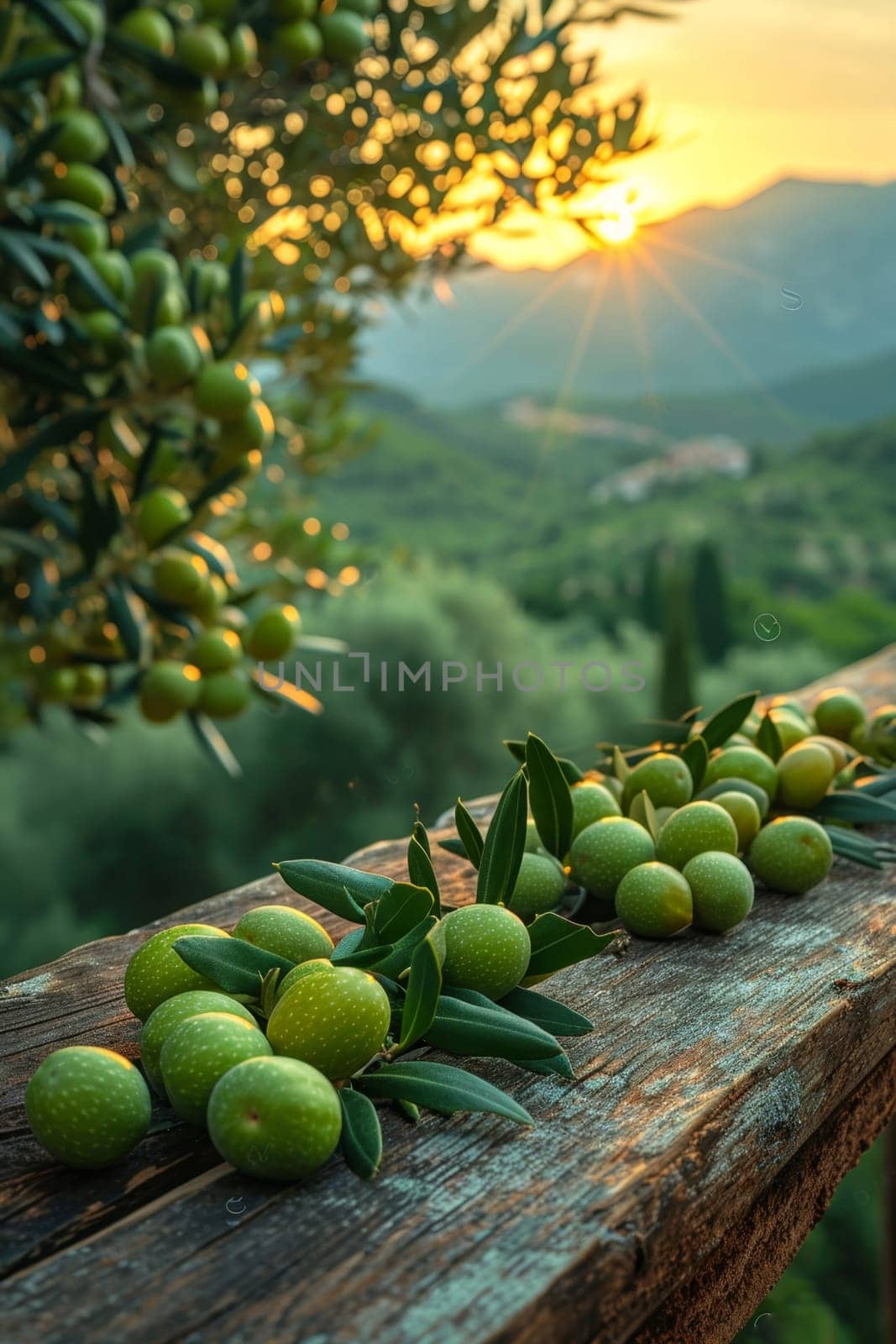 still life with green olives on a table in an olive grove.