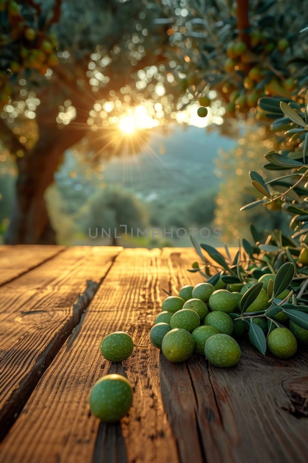 still life with green olives on a table in an olive grove.