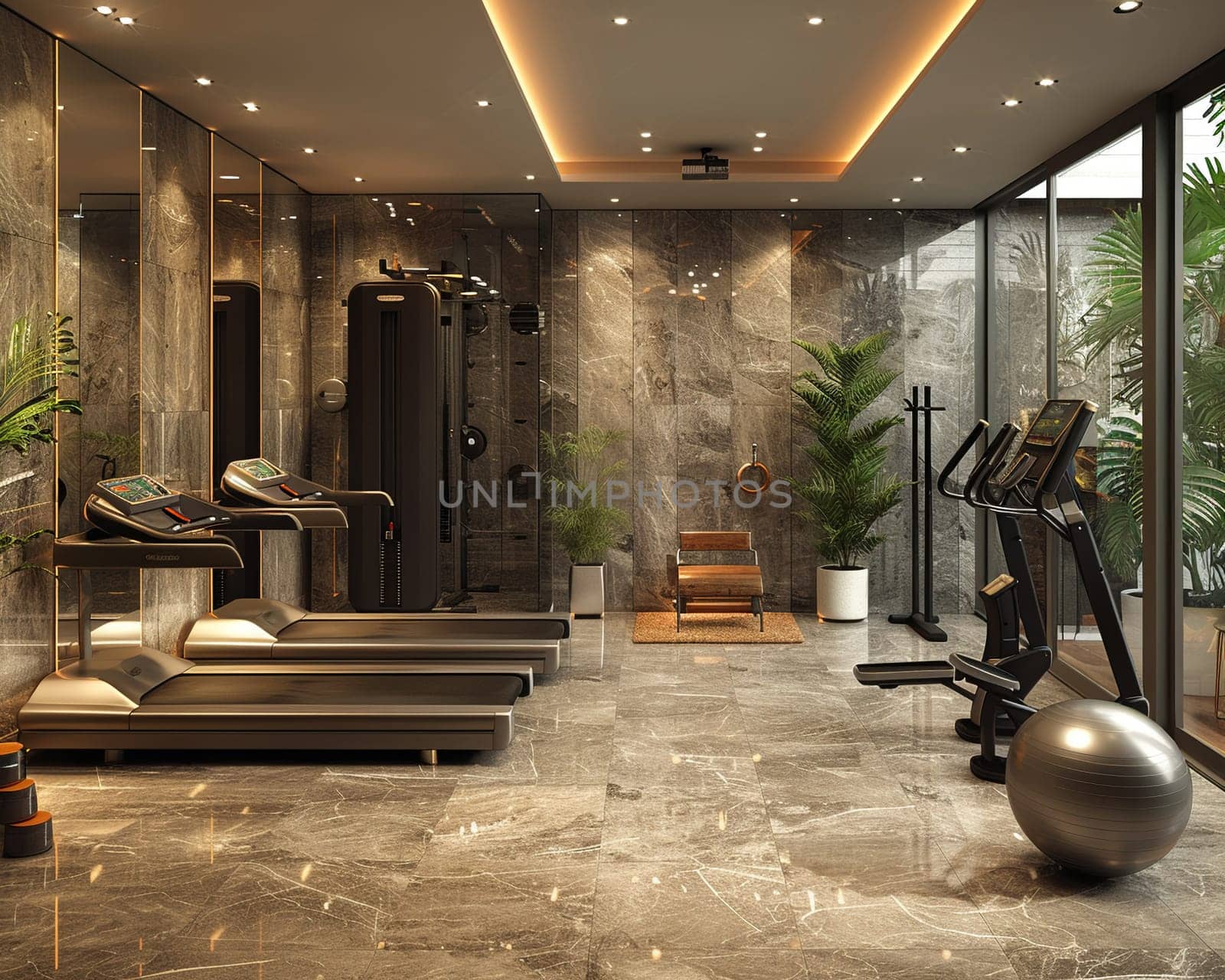 Functional and stylish home gym with mirrored walls and modern equipmentup32K HD