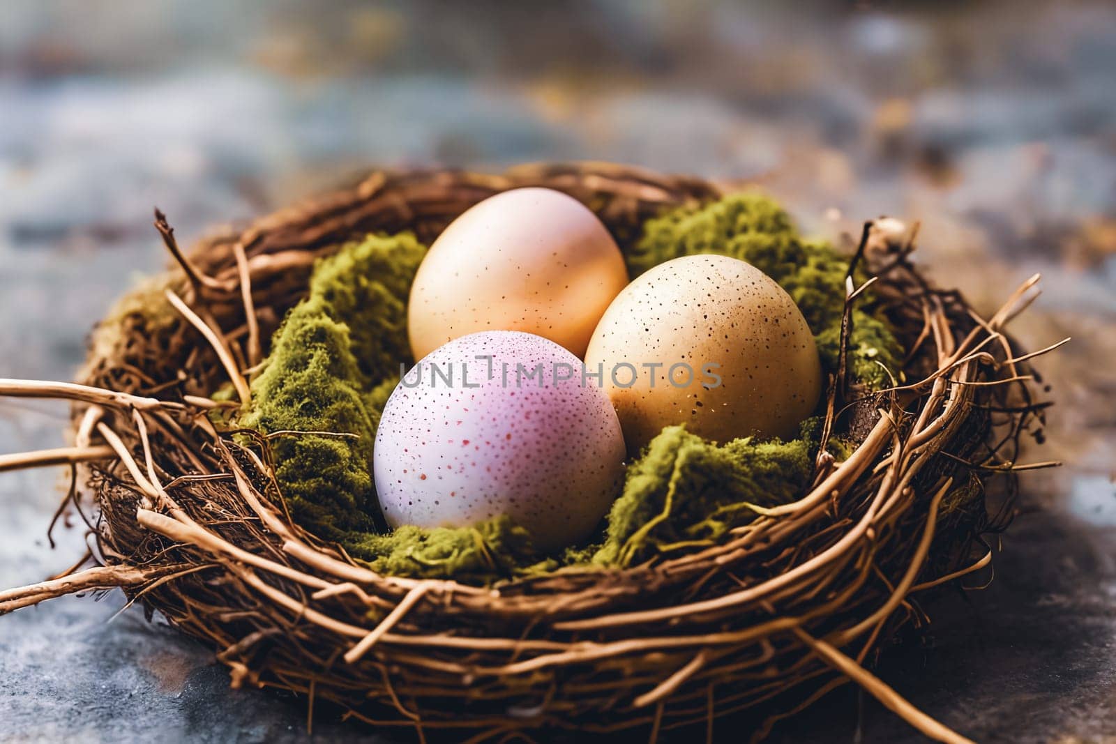 Eggcellent Easter Nest. A nest crafted from twigs, moss, and feathers, adorned with speckled eggs of different sizes and hues, set against a natural background to showcase the intricate beauty of nature's creations.