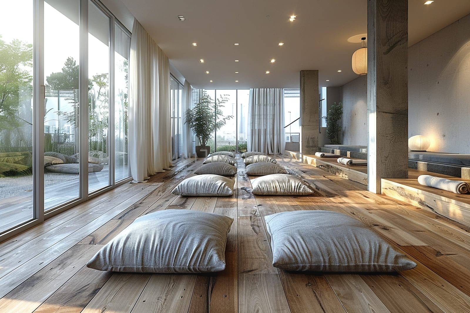 Peaceful yoga studio with natural wood floors and calming colorsHyperrealistic by Benzoix