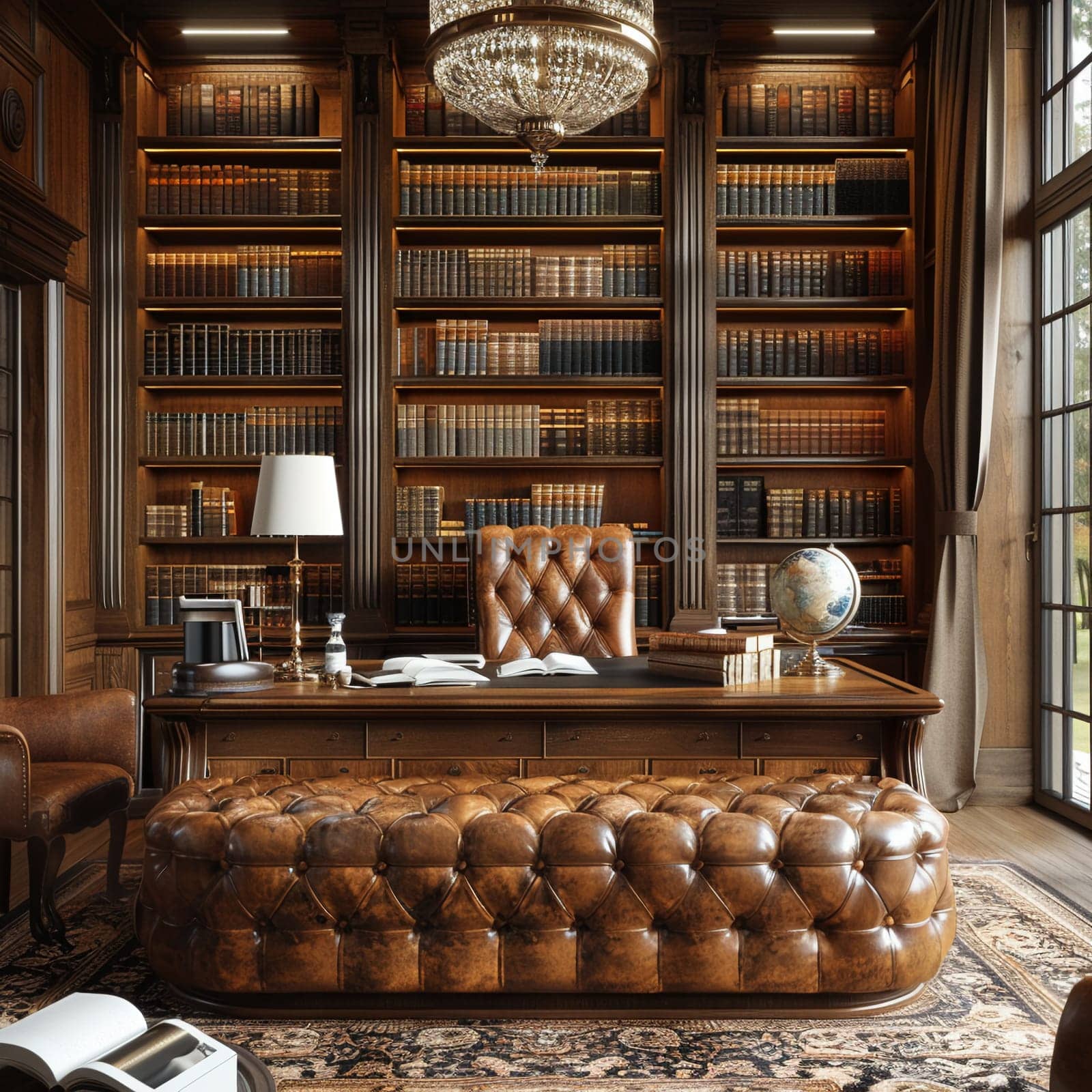 Vintage-inspired study with leather-bound books and a classic writing desk8K
