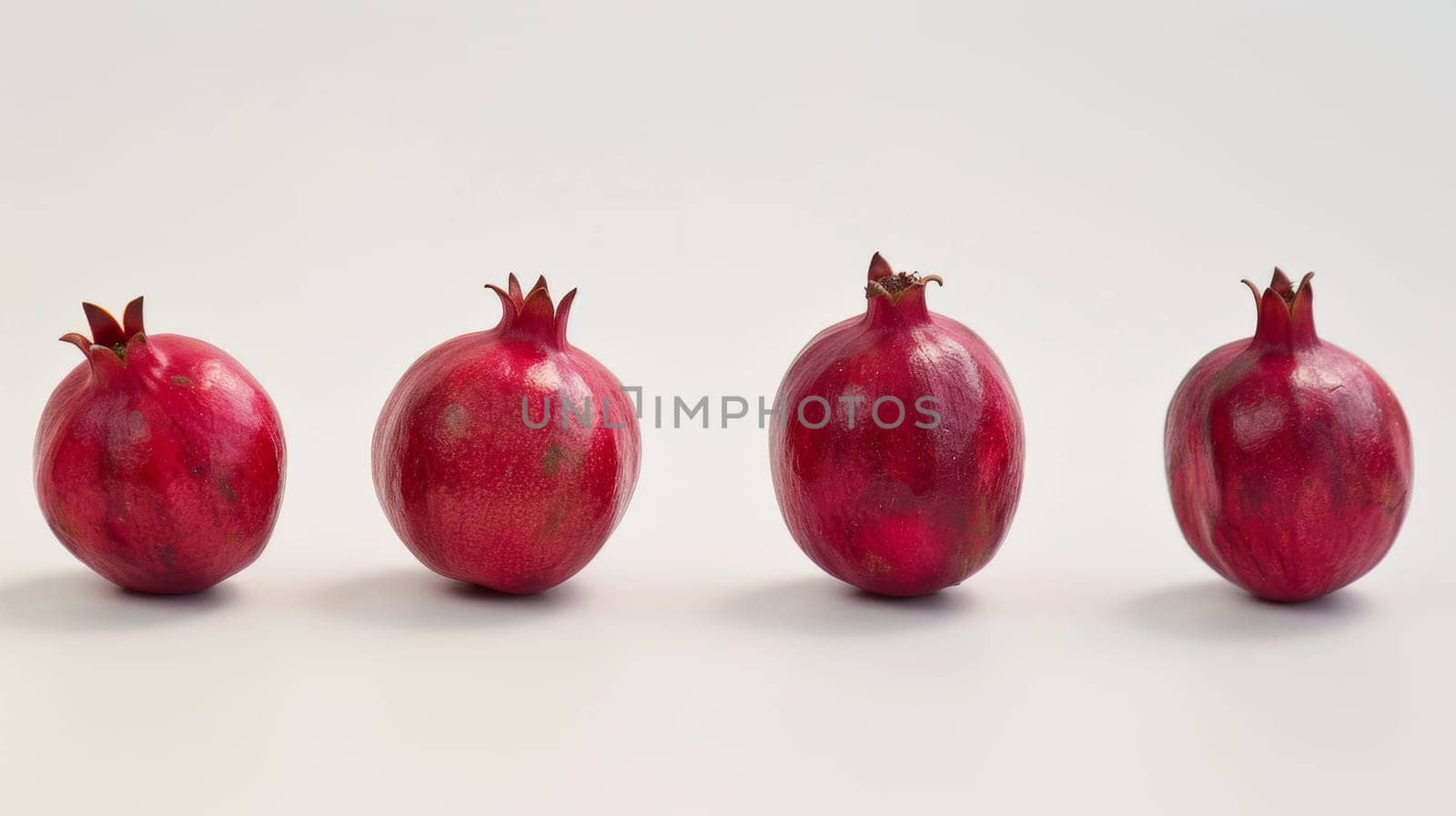 A row of four pomegranates on a white background