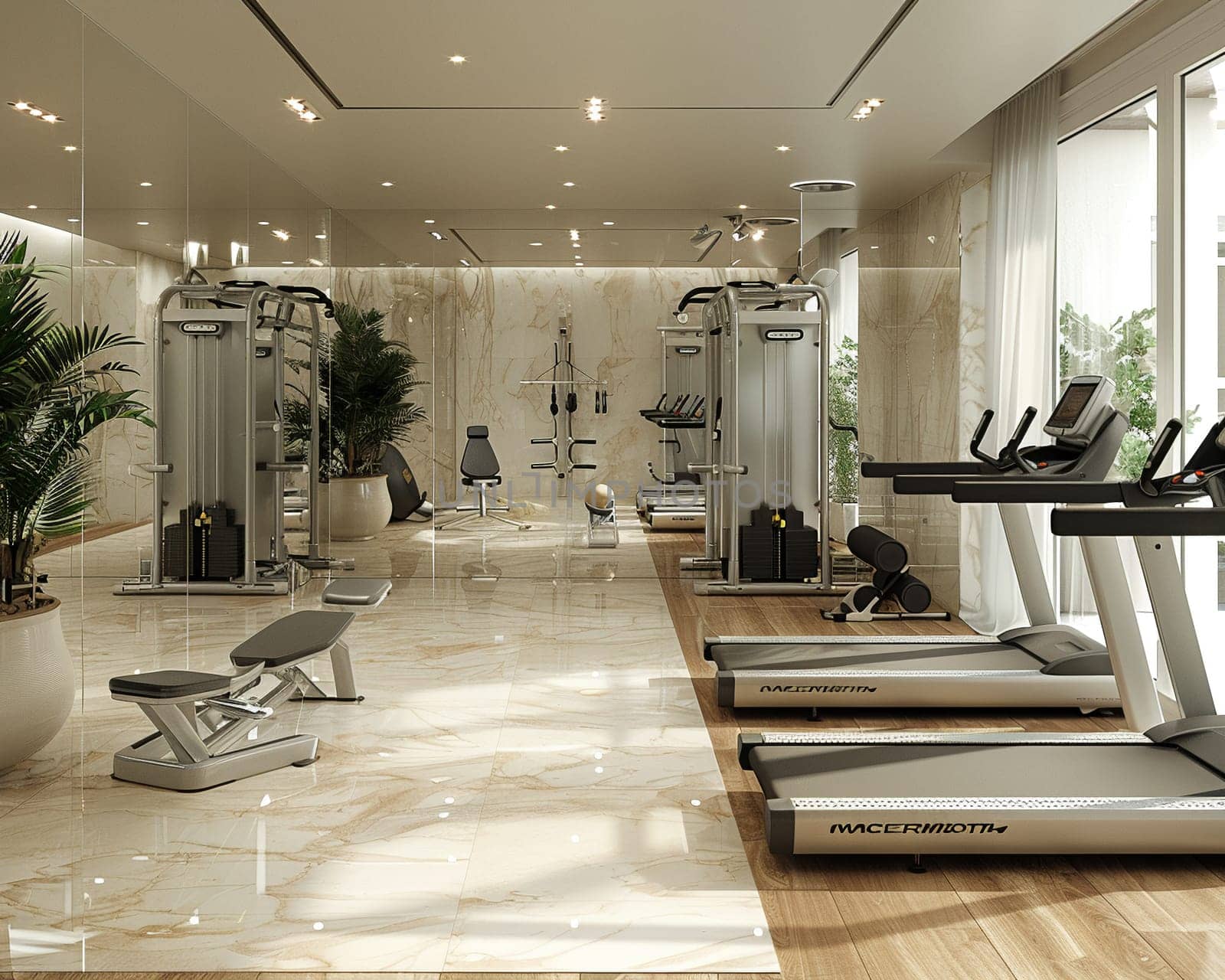 Functional and stylish home gym with mirrored walls and modern equipmentup32K HD by Benzoix