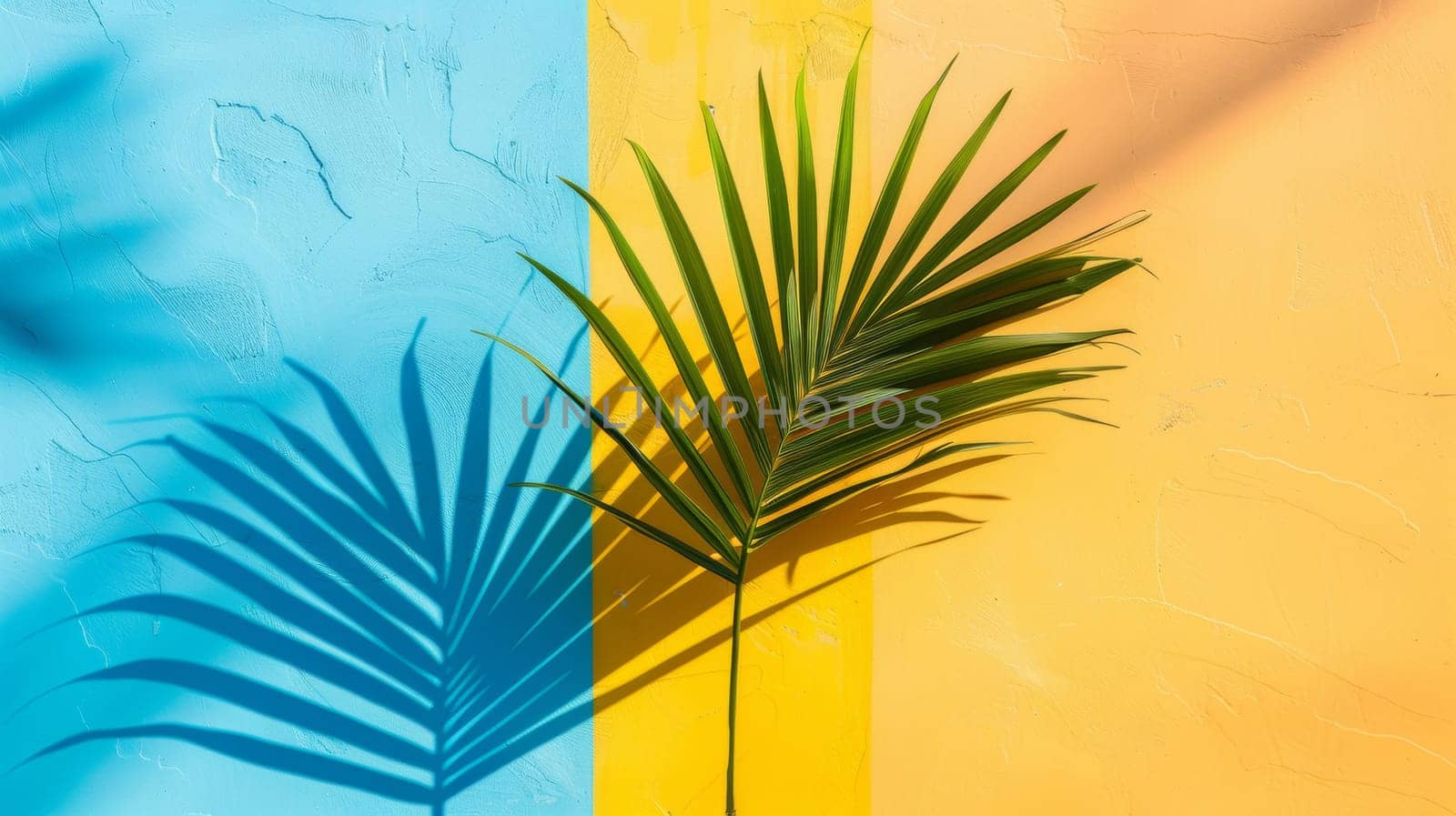 A palm leaf is shown against a blue and yellow wall