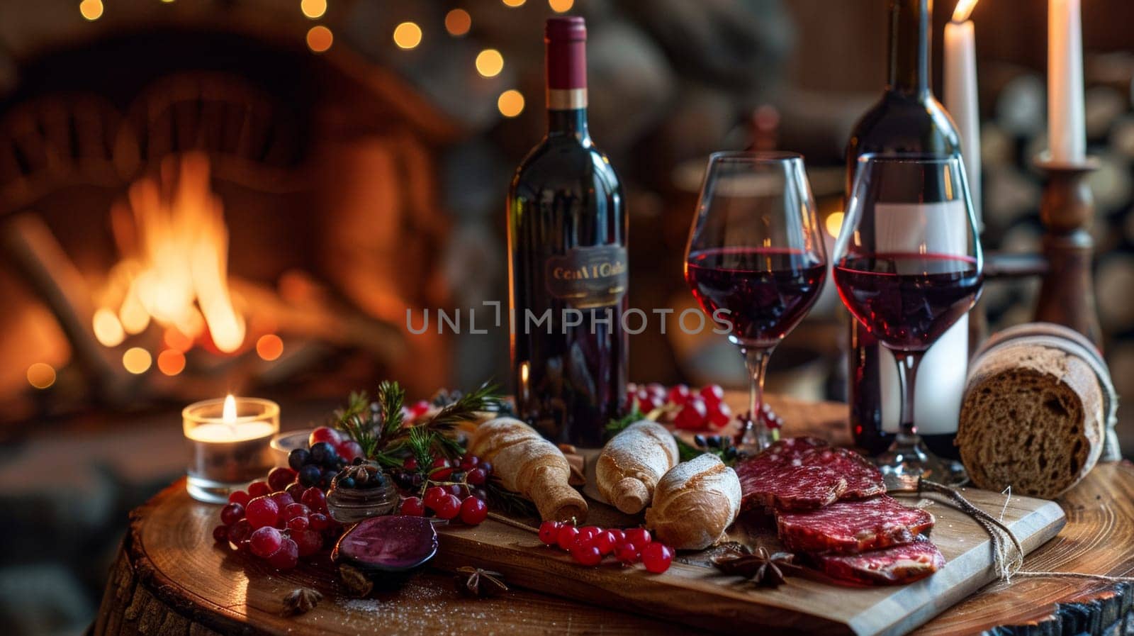 A table with wine and bread on it next to a fire