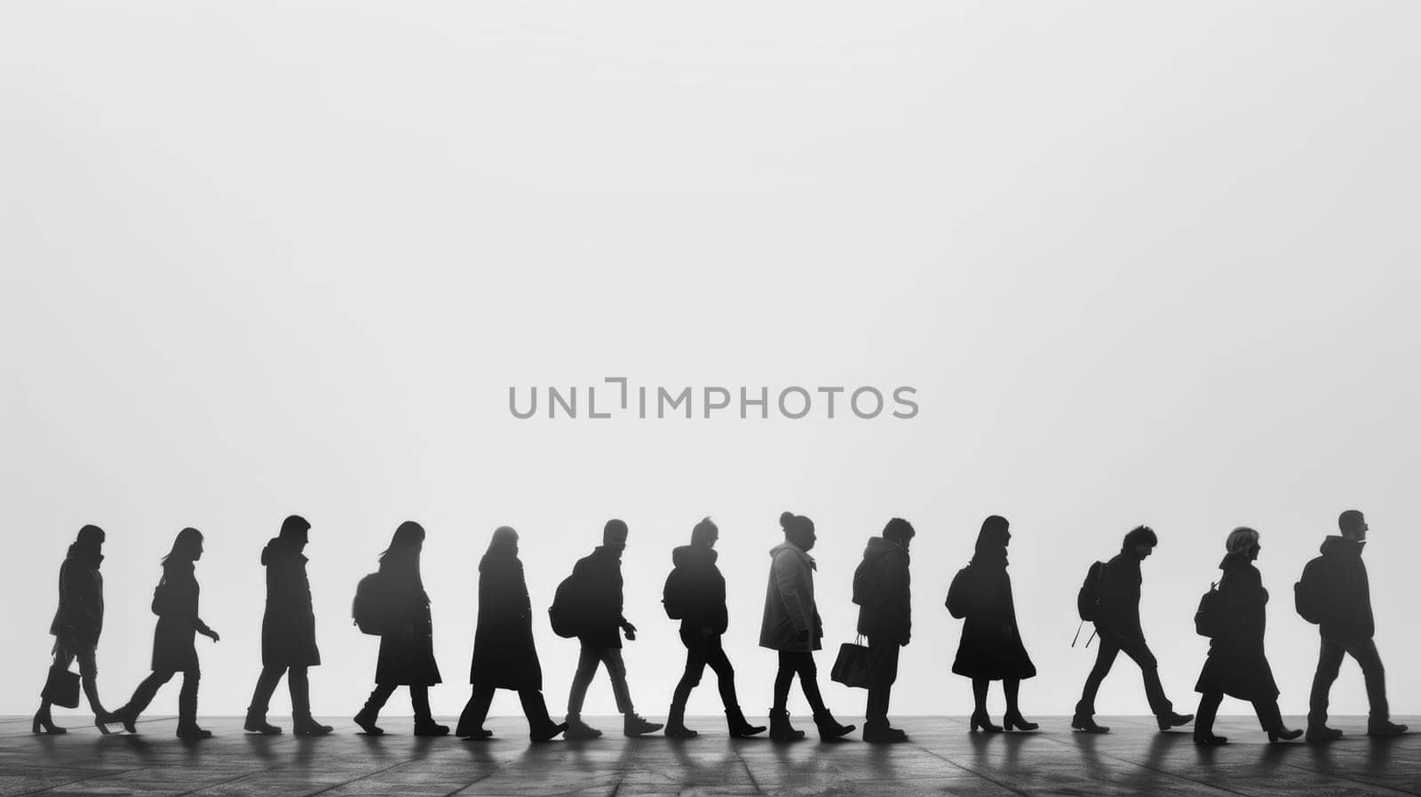 A group of people walking in a line with their back to the camera