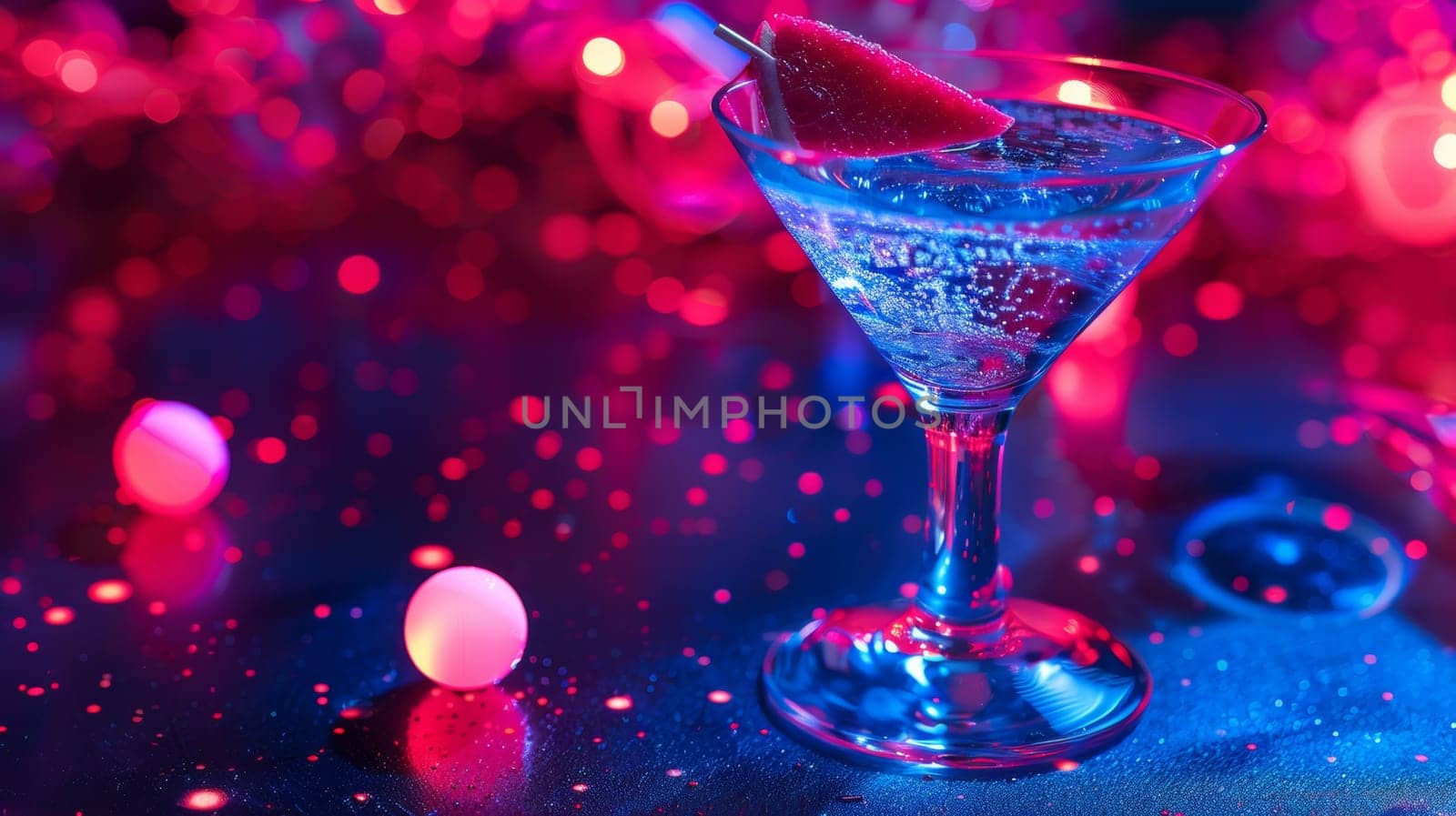 A martini glass filled with a drink and some lights