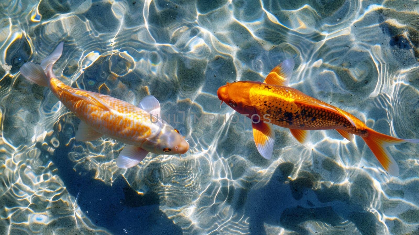 Two orange fish swimming in shallow water with clear blue sky