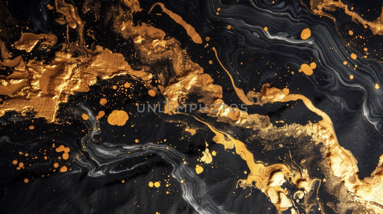 A close up of a black and gold painting with some paint on it