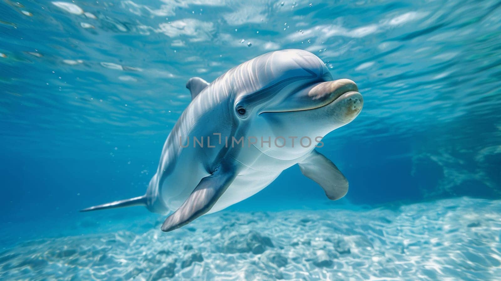 A dolphin swimming in the ocean under blue water