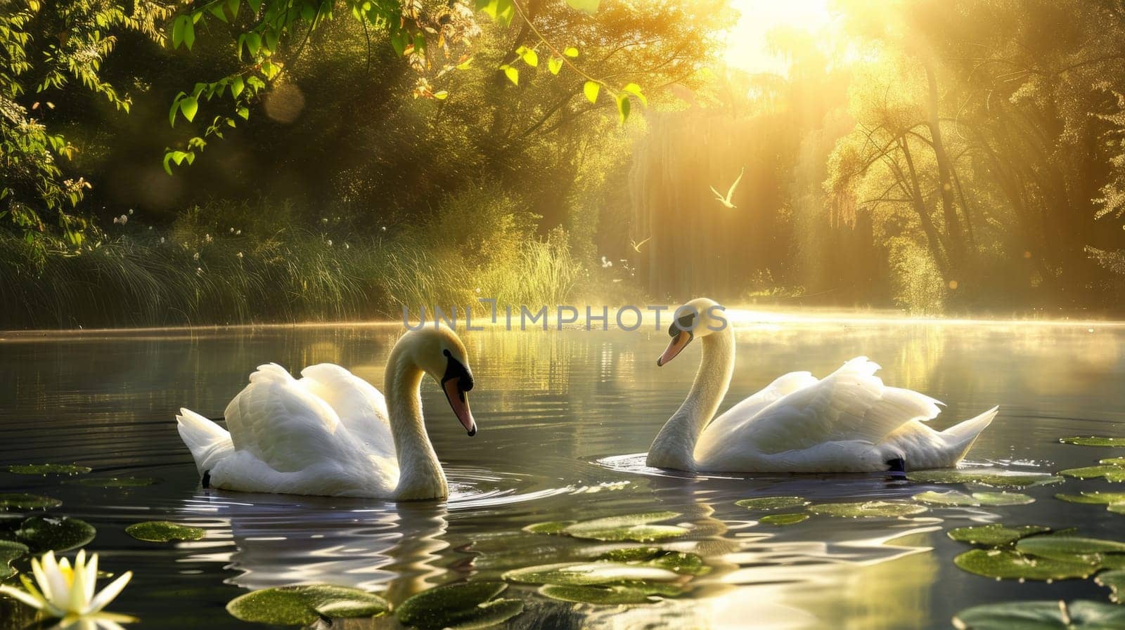 Two swans are swimming in a lake with lily pads