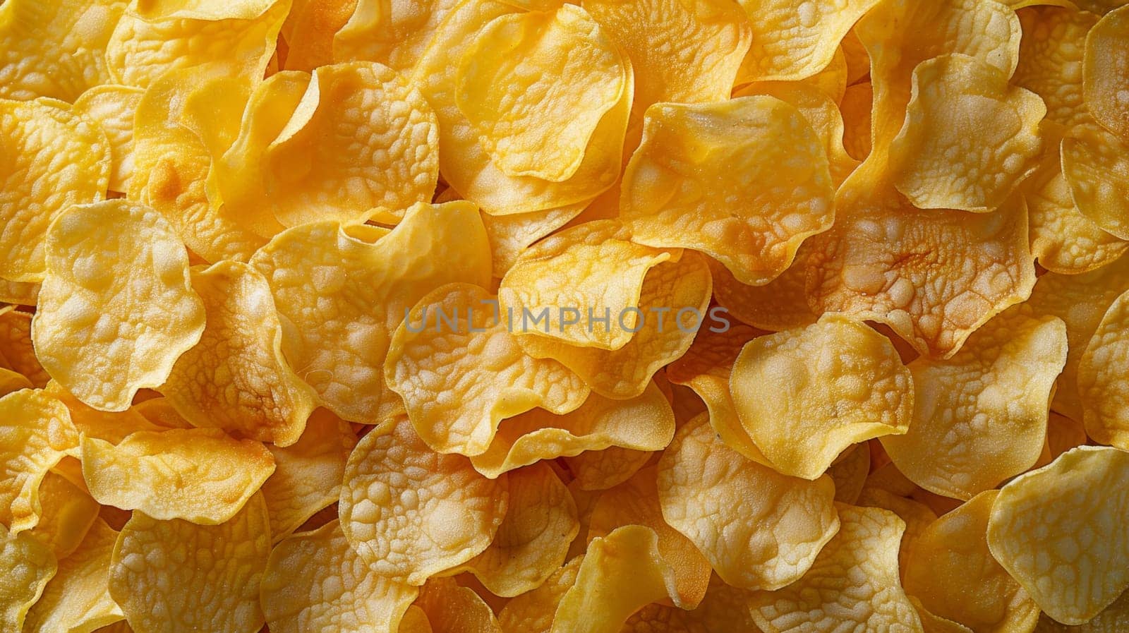 A close up of a pile of yellow potato chips on the table