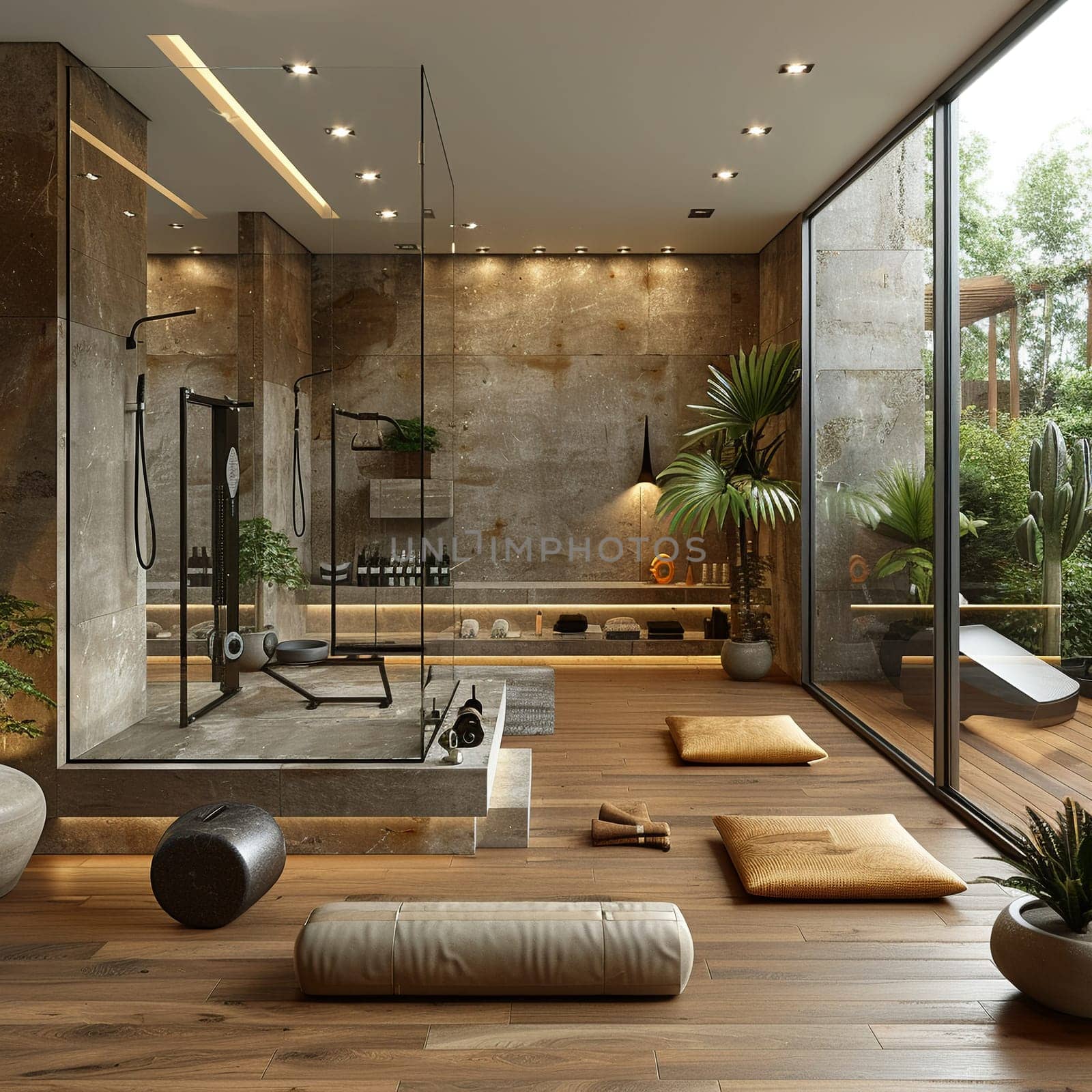 Functional and stylish home gym with mirrored walls and modern equipmentup32K HD by Benzoix