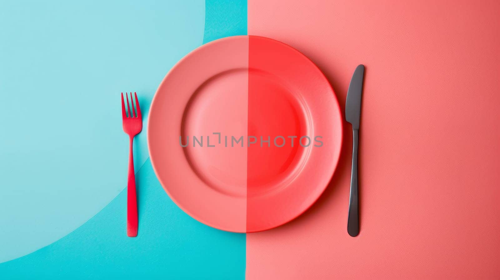 A red plate with fork and knife on a blue background