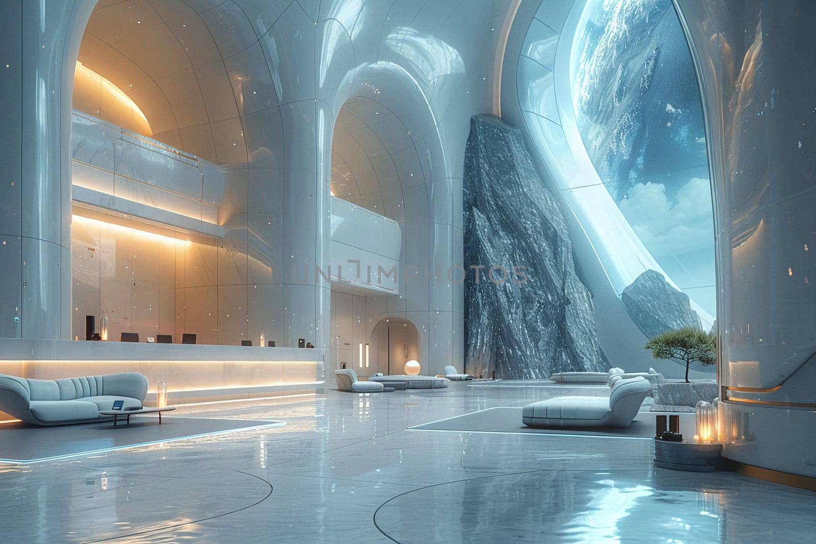 Futuristic lobby with interactive installations and high-tech featuressuper detailed by Benzoix