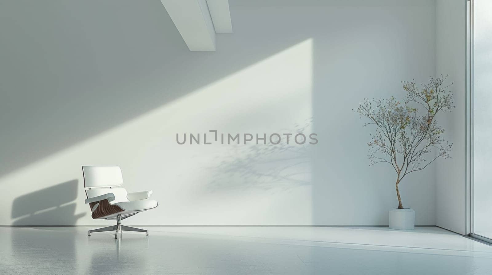 A chair in a white room with large windows and potted plant