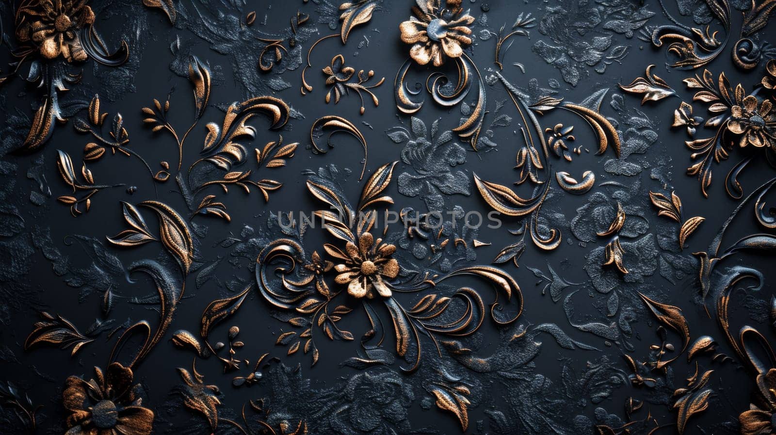 A close up of a decorative pattern on the wall with gold and brown flowers
