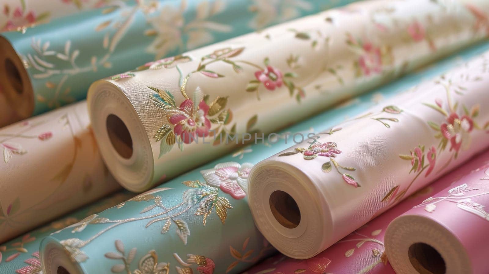 A bunch of rolls of fabric with different designs on them