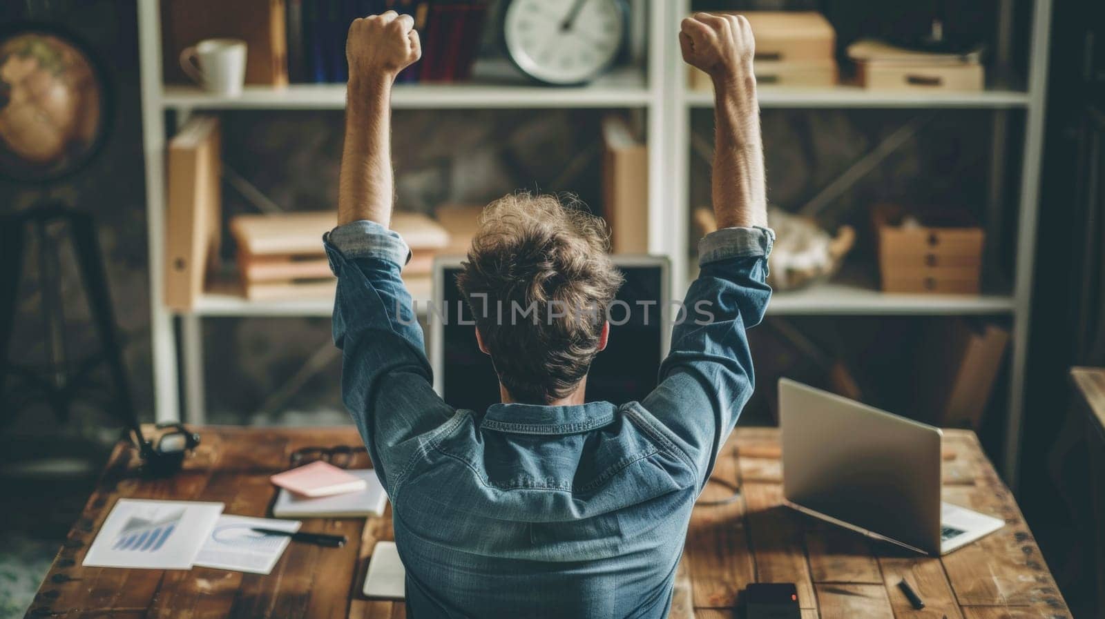 A man sitting at a desk with his arms up in the air