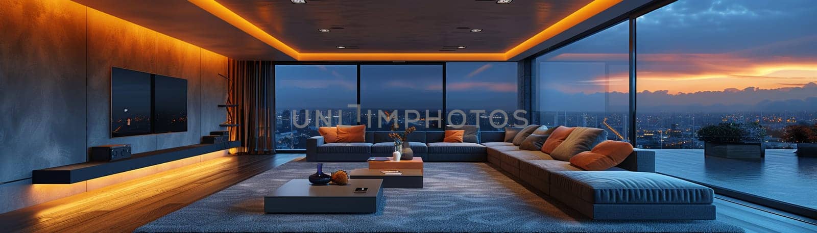 High-tech smart home living room with integrated technology and sleek furnitureup32K HD