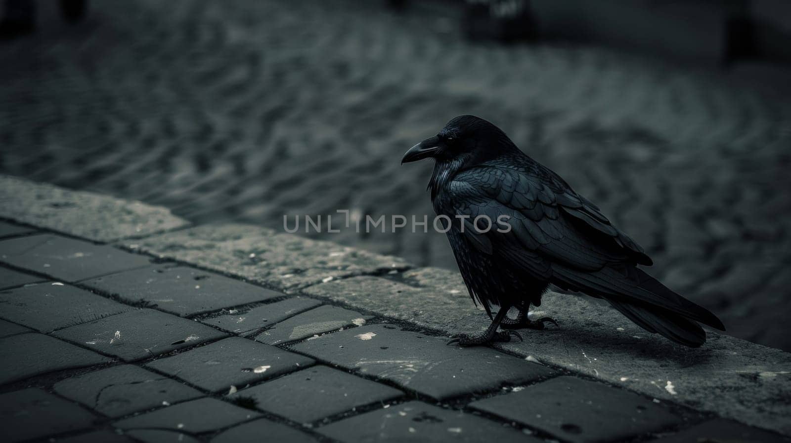 A black bird standing on a brick sidewalk in the rain