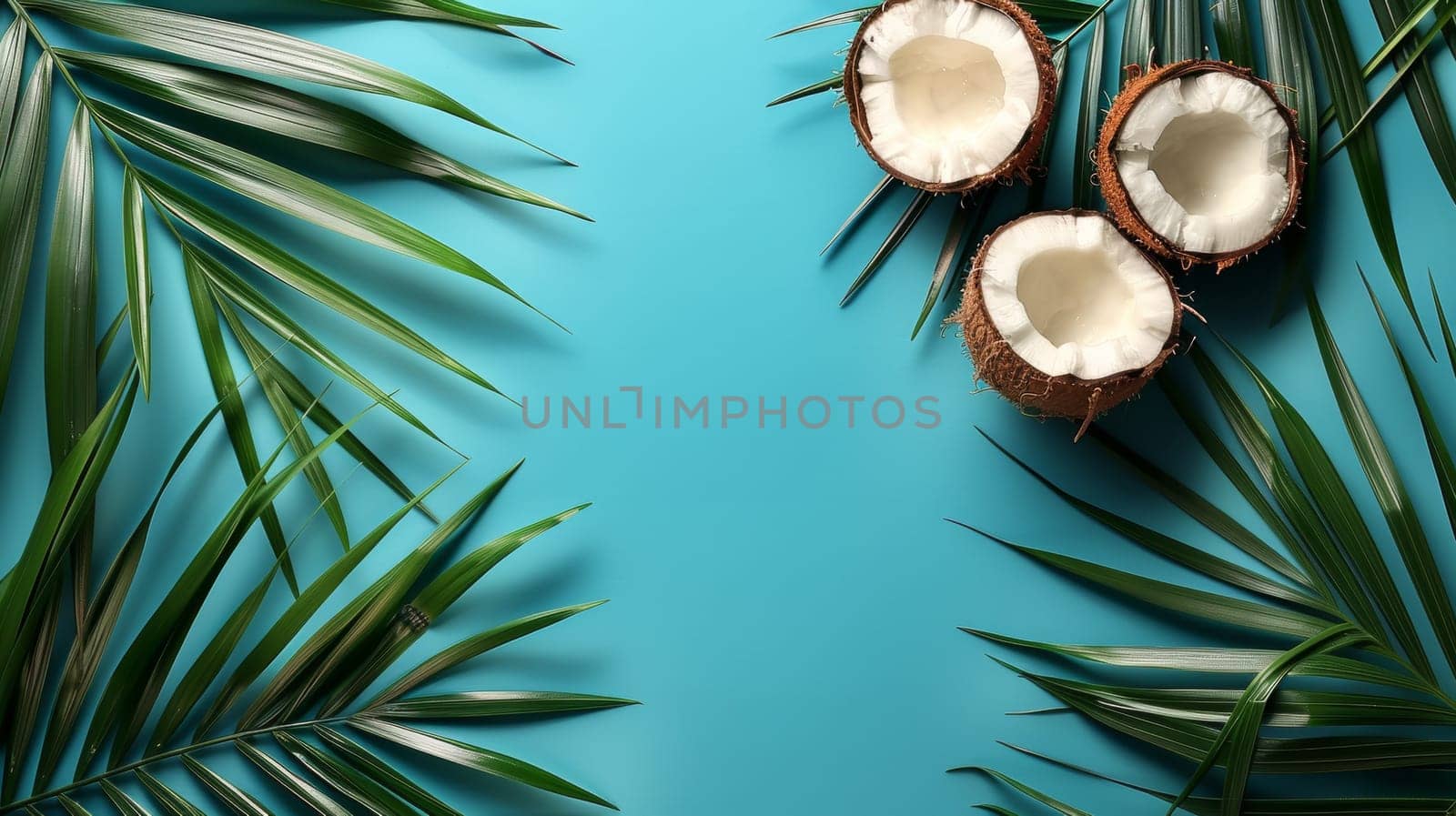 Coconut halves and palm leaves on a blue background