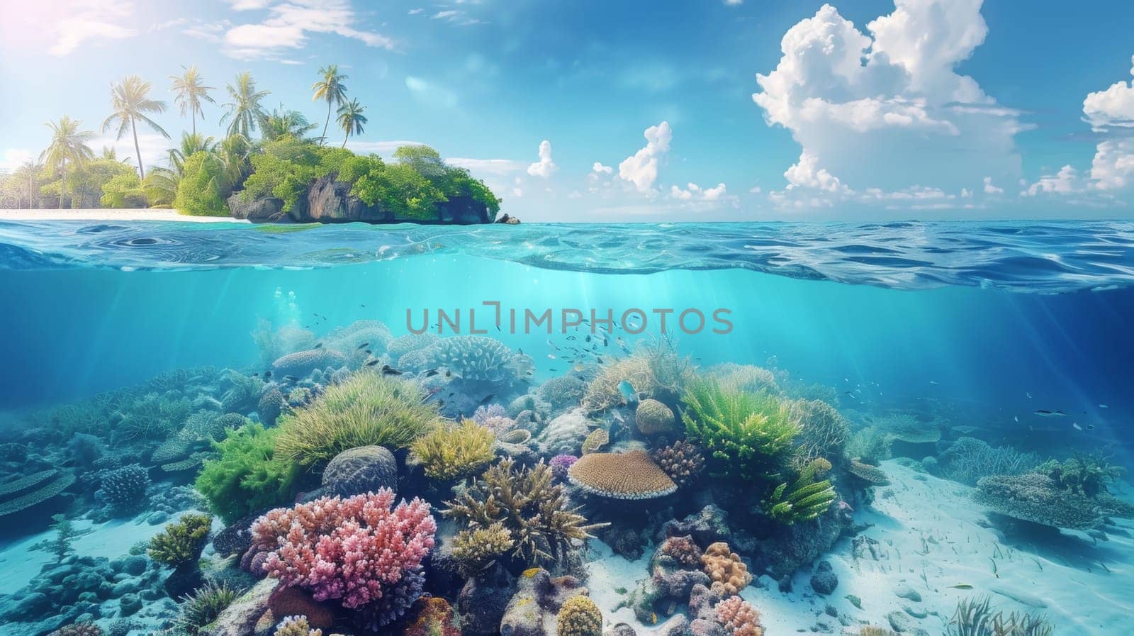 A coral reef with an island in the background