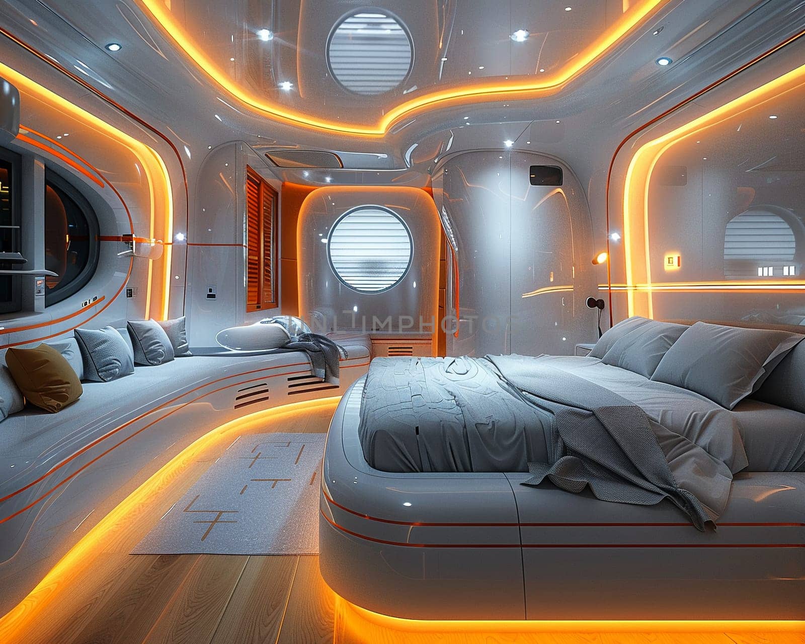 Futuristic bedroom with dynamic lighting and modular furniture8K by Benzoix