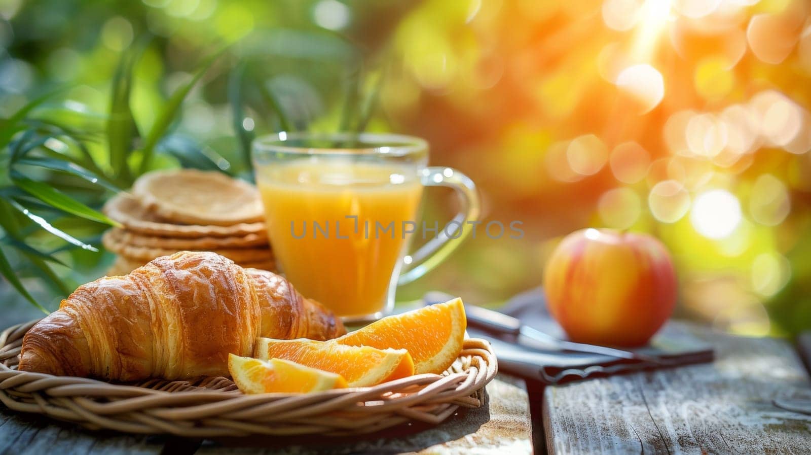 A table with a plate of food and an orange juice