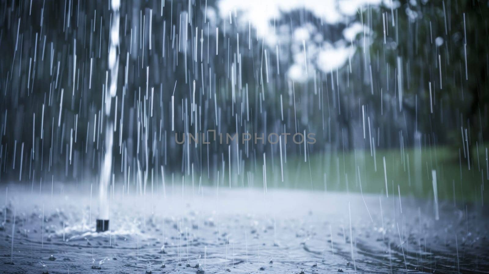 A close up of a large open umbrella in the rain