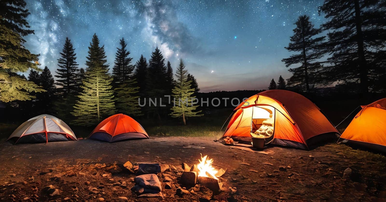 Campsite Coziness. Set up a cozy camping scene with a tent pitched under the starry night sky, illuminated by a warm campfire. Panorama
