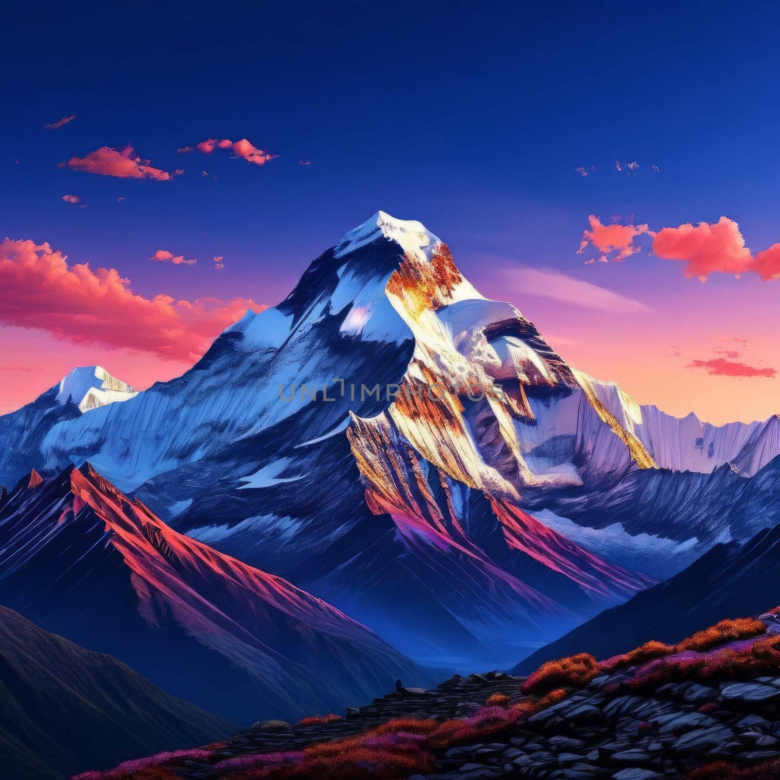 Scenic Nepal mountain road winding through majestic peaks in background. Various contexts such as art galleries, nature themed publications, educational materials on geography, inspirational posters