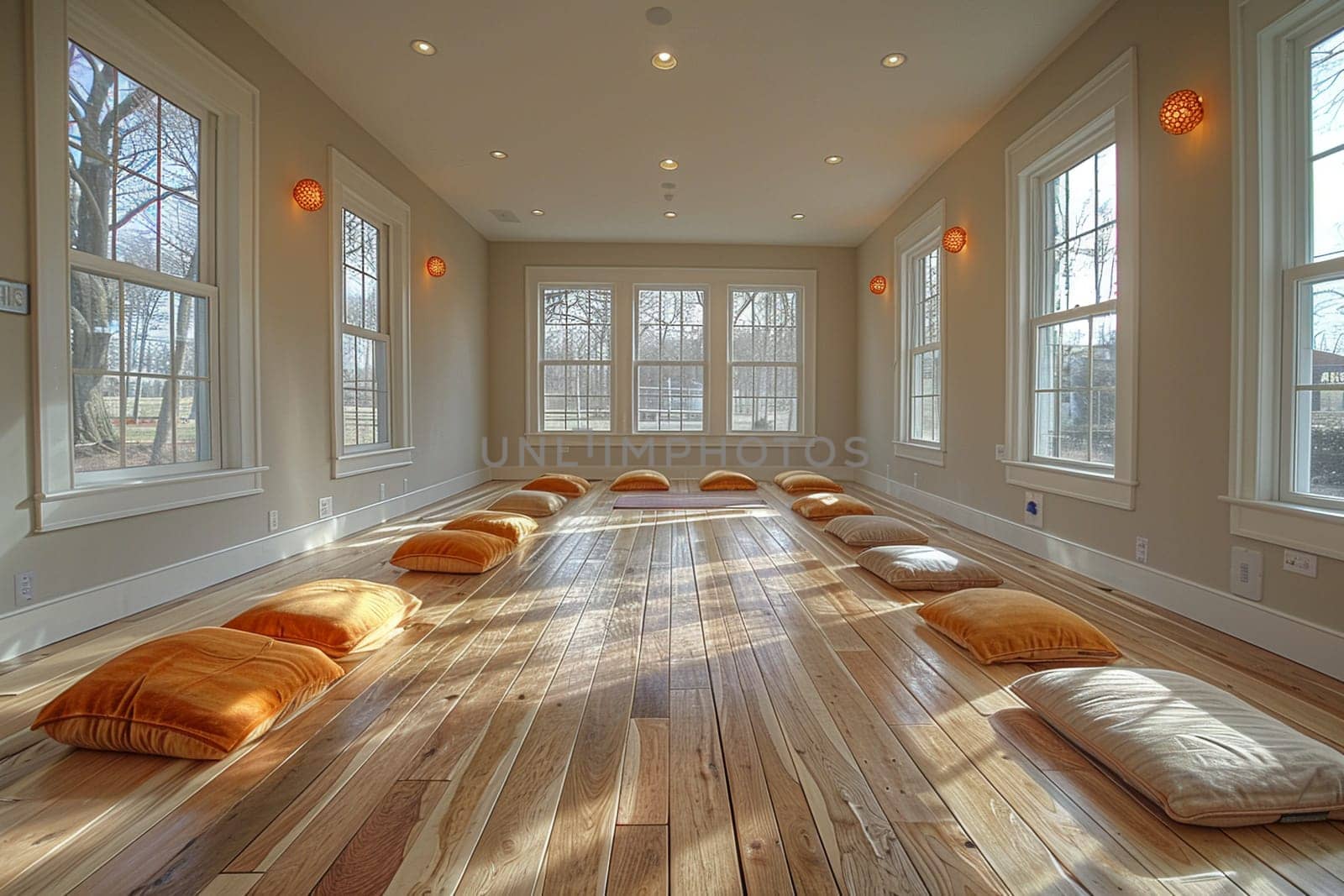 Peaceful yoga studio with natural wood floors and calming colorsHyperrealistic