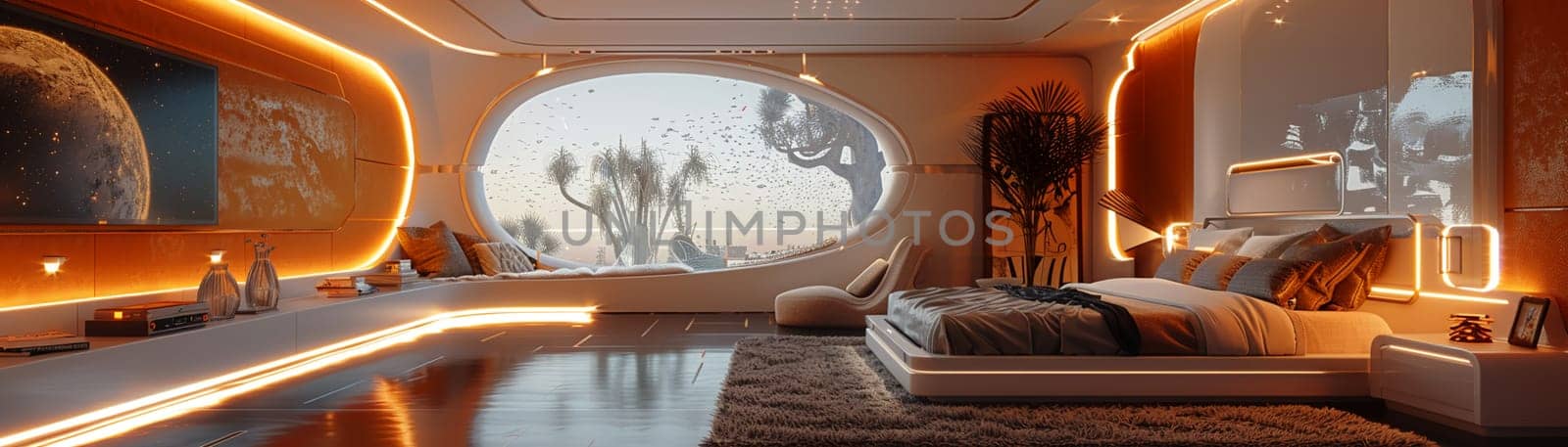 Futuristic bedroom with dynamic lighting and modular furniture8K by Benzoix