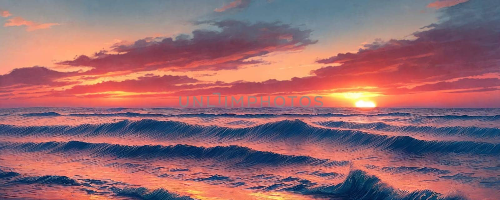 Sunset over the sea, waves on the foreground, panorama