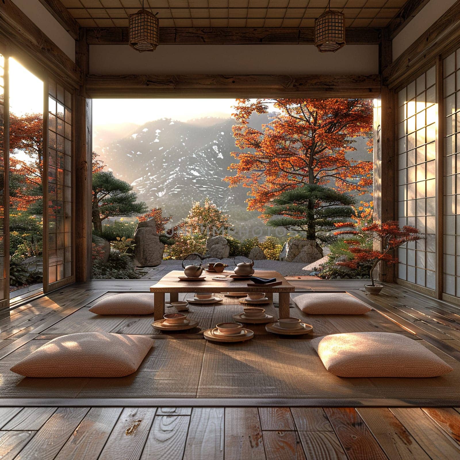Traditional Japanese tea room with tatami flooring and shoji screenssuper detailed