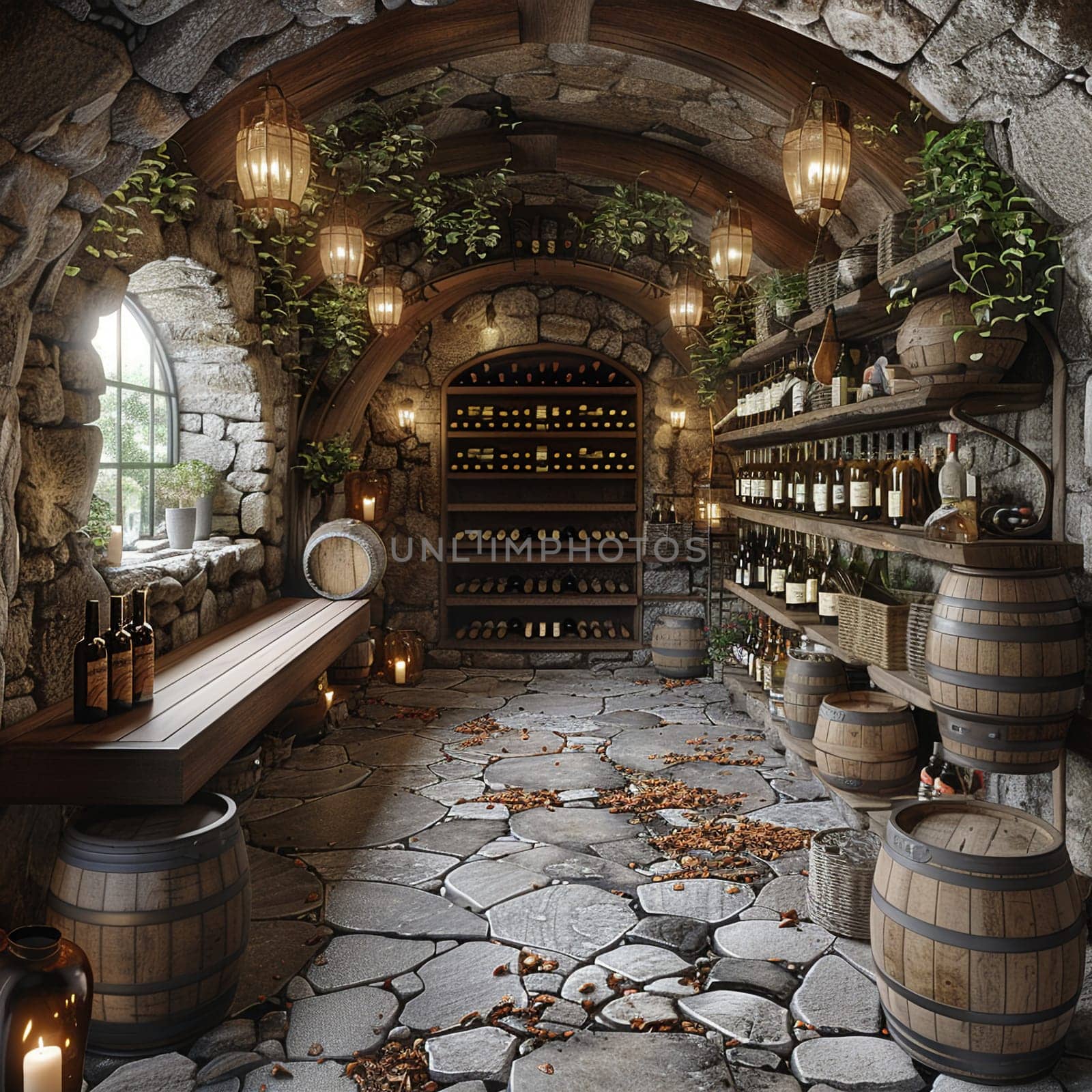 Rustic wine cellar with stone walls and wooden wine racksup32K HD