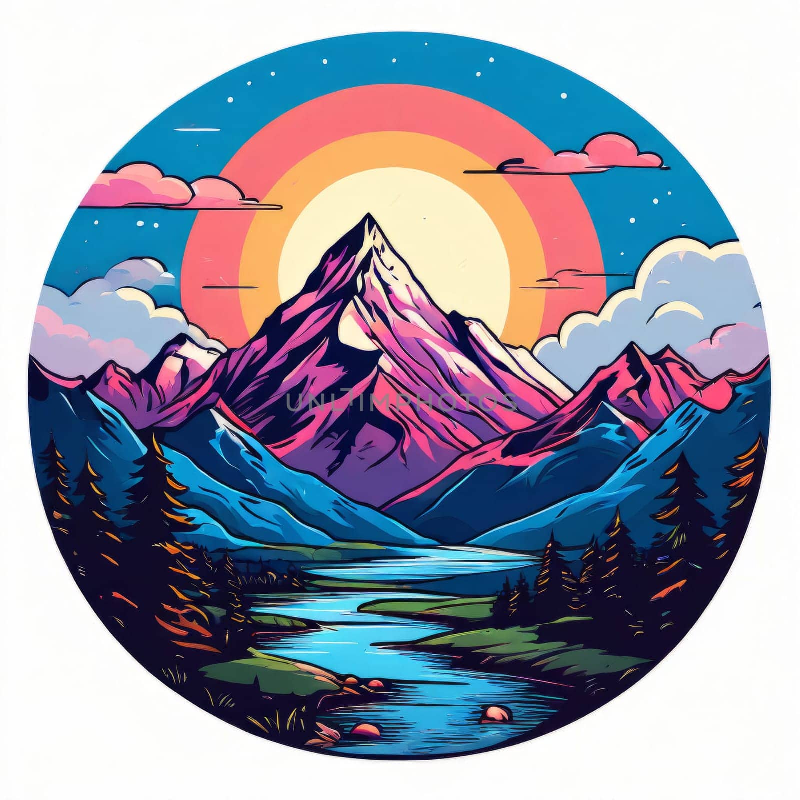 Illustration of Nepal mountains, river enclosed within circular frame, depicting natural beauty, tranquility. Printed on merchandise like tshirts, mugs, notebooks for nature lovers, travel brochures