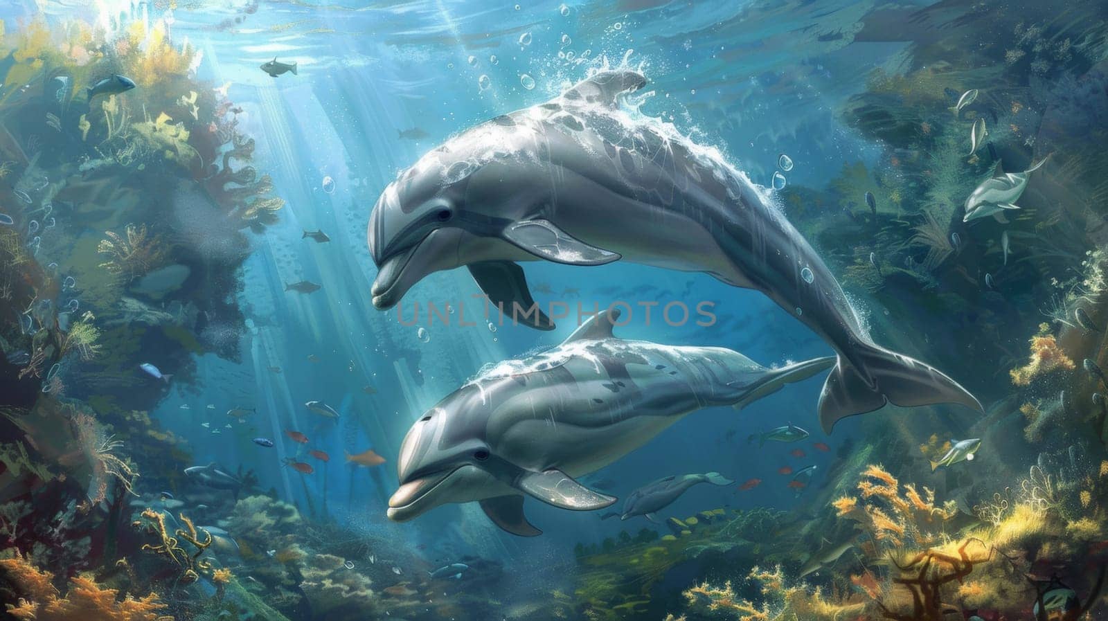 Two dolphins swimming in a coral reef under the water