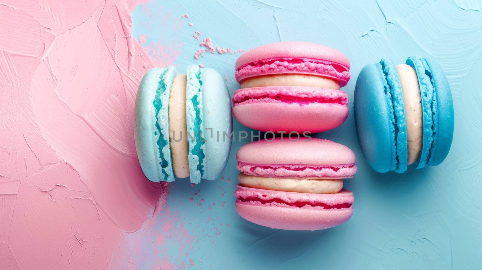 Three macarons are arranged on a blue and pink background