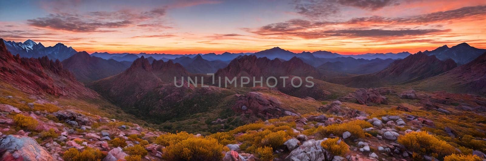 Rugged beauty of a mountain range at golden hour, with the sun setting in the background by GoodOlga